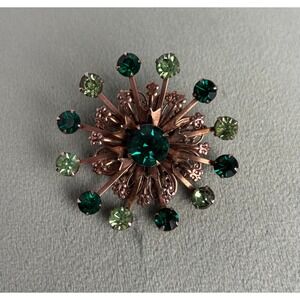Vintage Elegant Flower Rhinestone Crystal Gold-Tone Brooch Pin green 1.75" P088